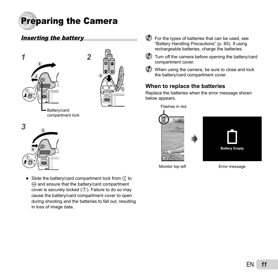 Preparing the camera, 11 en, Inserting the battery | Olympus SP-620UZ User Manual | Page 11 / 76