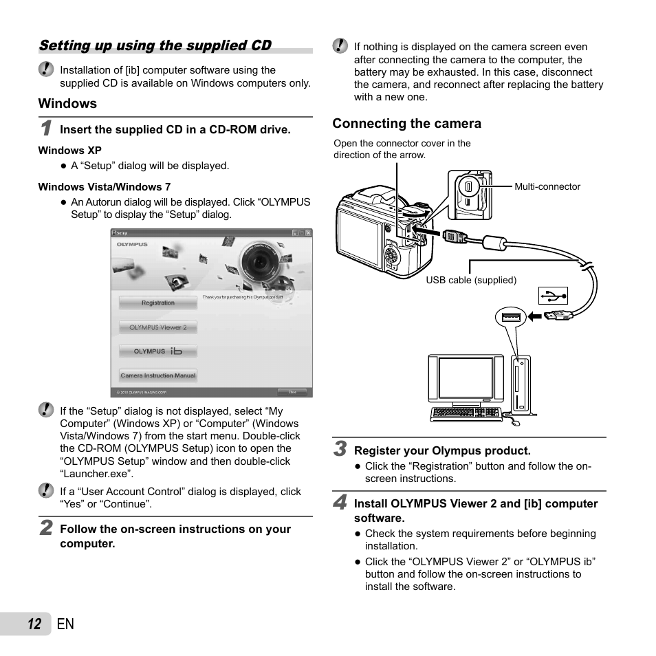 12 en, Setting up using the supplied cd | Olympus SP-620UZ User Manual | Page 12 / 76