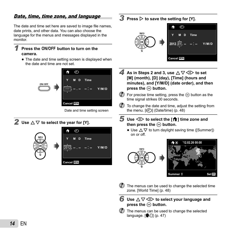 14 en, Date, time, time zone, and language | Olympus SP-620UZ User Manual | Page 14 / 76