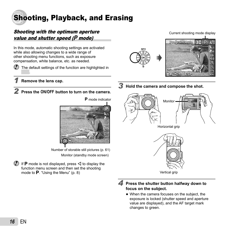 Shooting, playback, and erasing, 16 en | Olympus SP-620UZ User Manual | Page 16 / 76