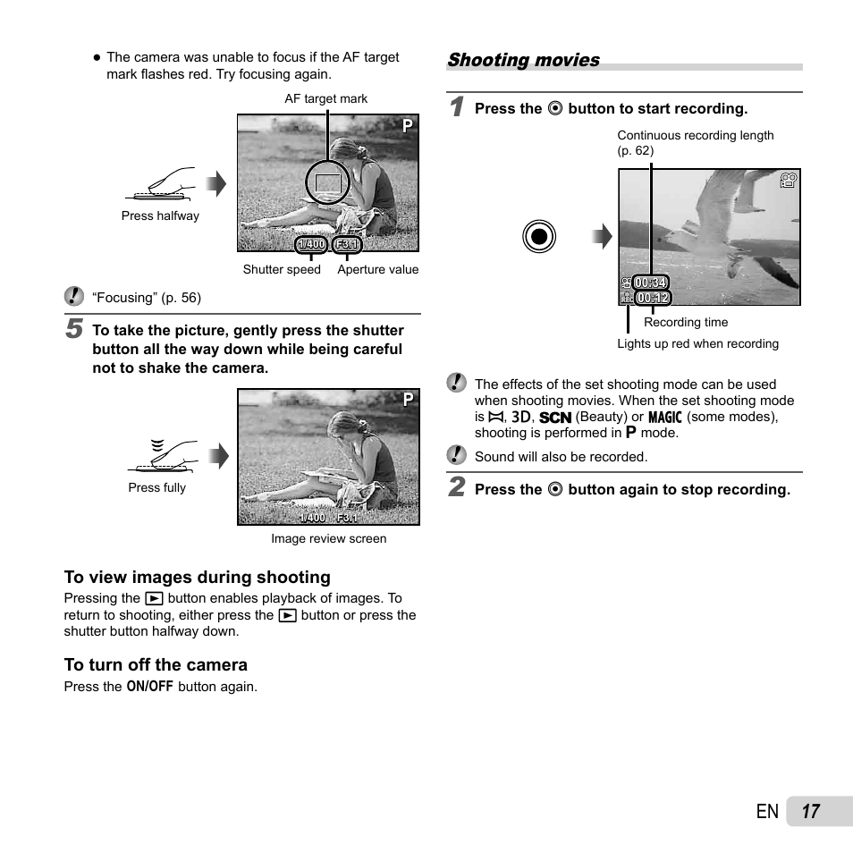 17 en, Shooting movies | Olympus SP-620UZ User Manual | Page 17 / 76