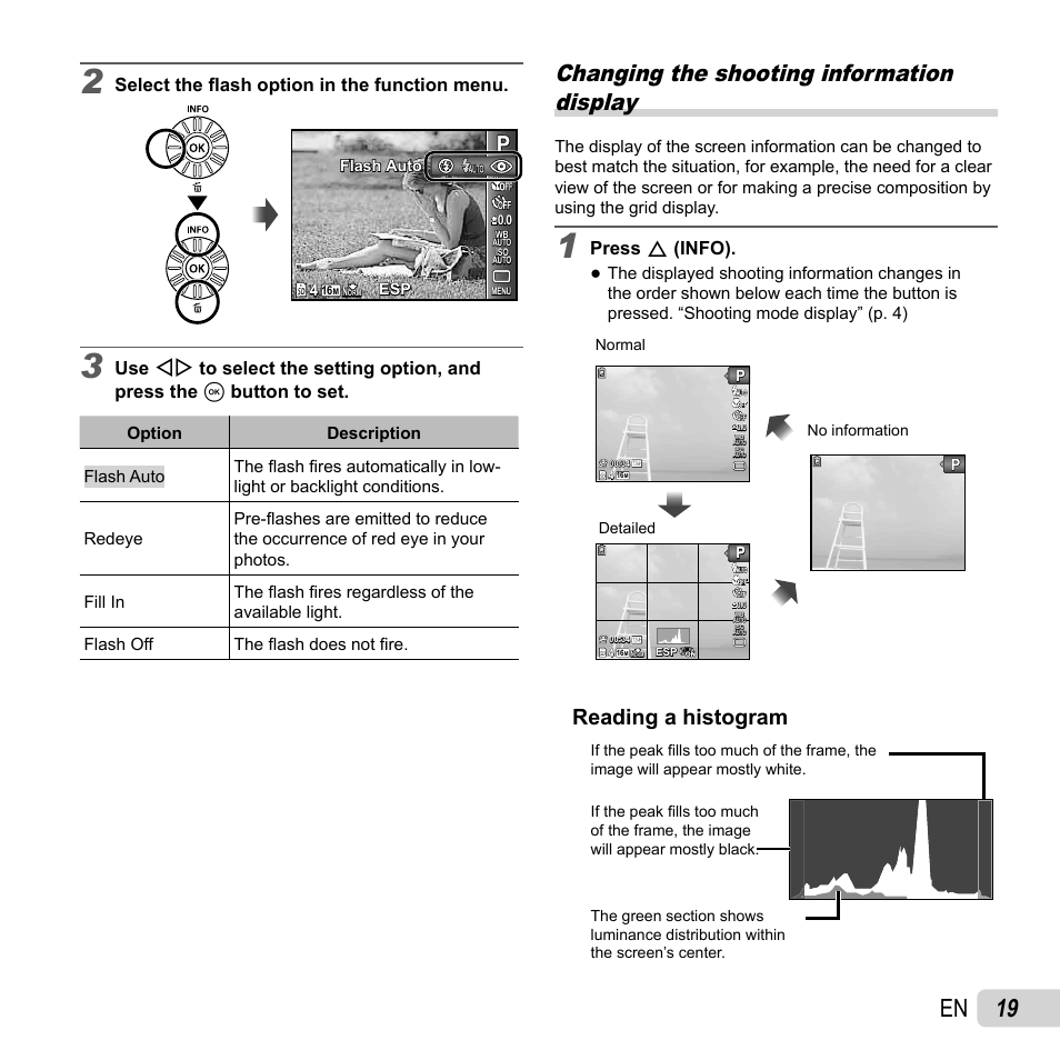 19 en, Changing the shooting information display, Reading a histogram | Select the fl ash option in the function menu, Press f (info) | Olympus SP-620UZ User Manual | Page 19 / 76