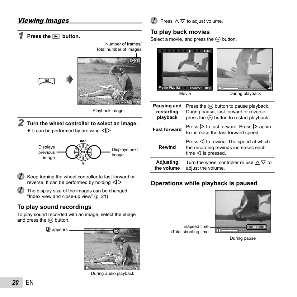 20 en, Viewing images, Operations while playback is paused | Olympus SP-620UZ User Manual | Page 20 / 76