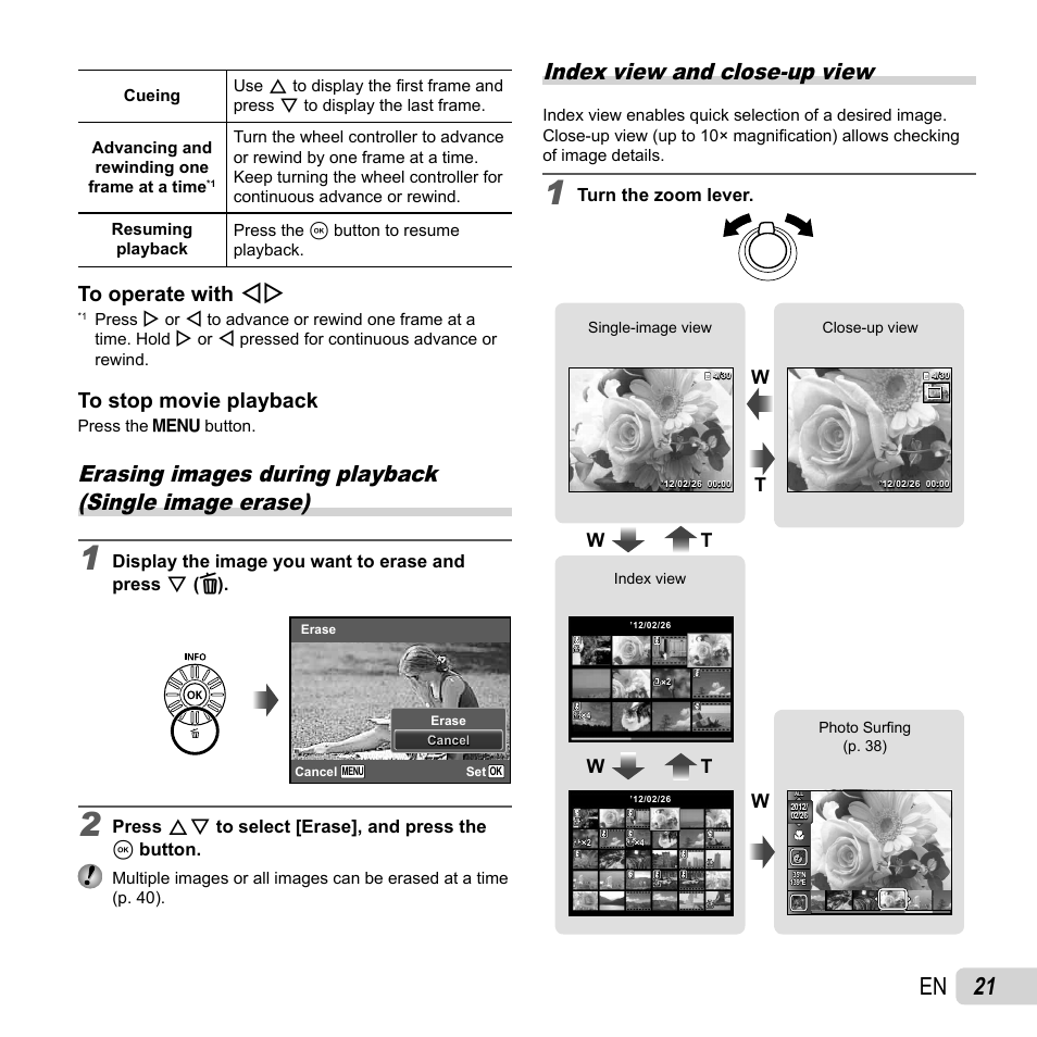 21 en, Index view and close-up view, Wt w t | Olympus SP-620UZ User Manual | Page 21 / 76