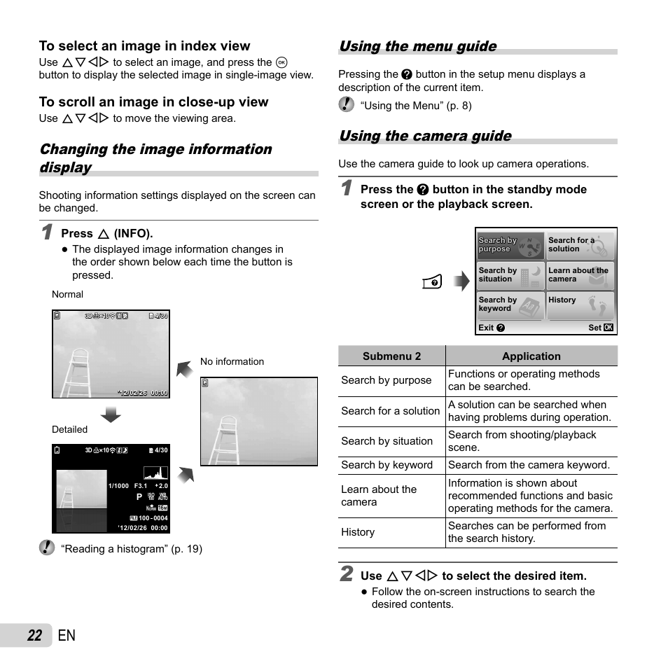22 en, Using the menu guide, Using the camera guide | Changing the image information display | Olympus SP-620UZ User Manual | Page 22 / 76