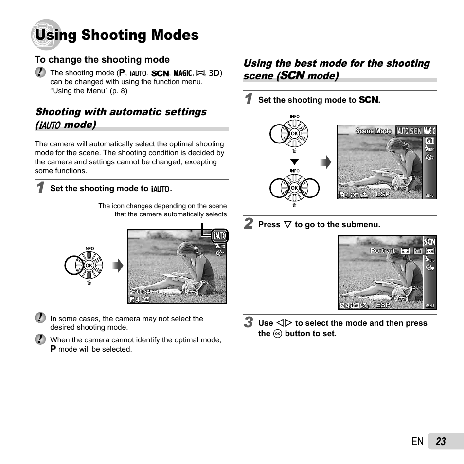 Using shooting modes, 23 en, Shooting with automatic settings ( m mode) | Olympus SP-620UZ User Manual | Page 23 / 76