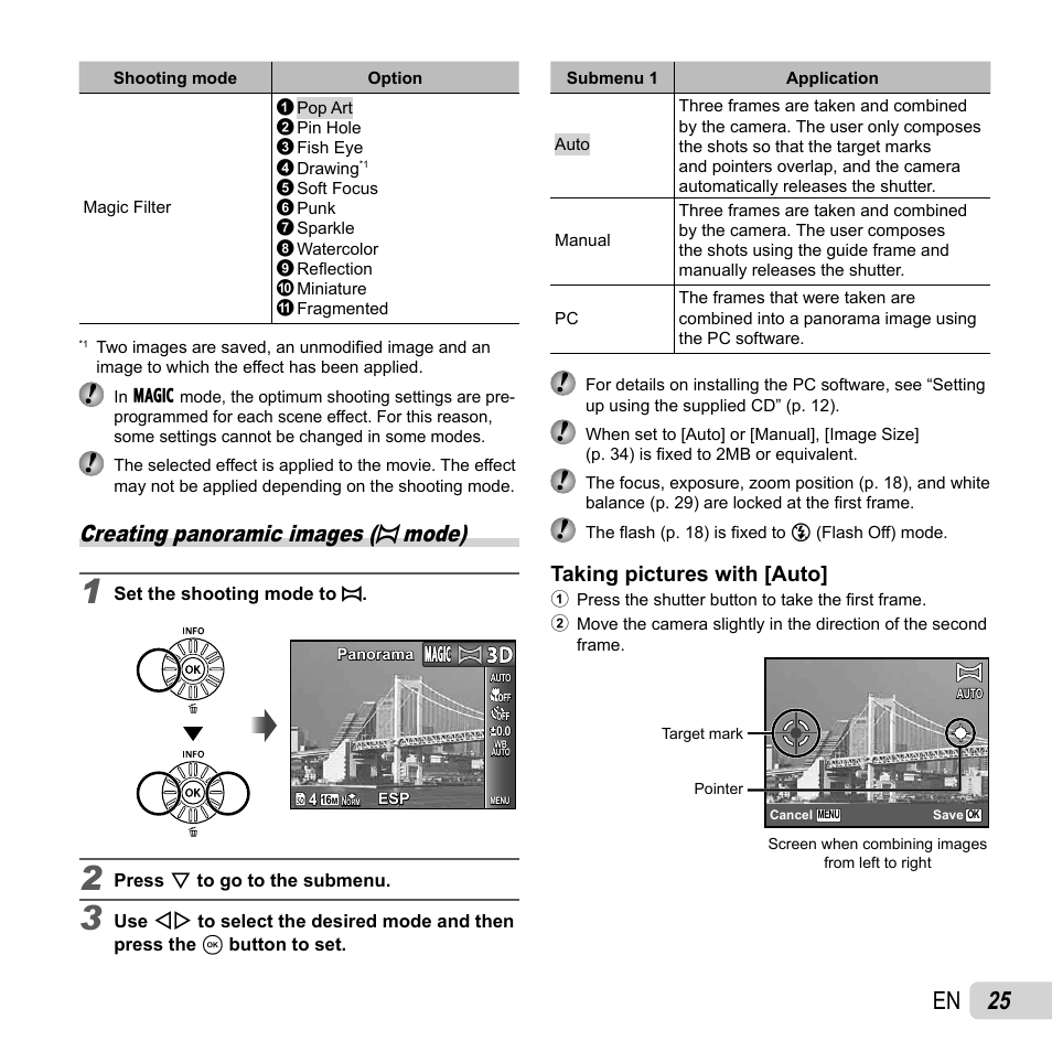 25 en, Creating panoramic images ( p mode), Taking pictures with [auto | Olympus SP-620UZ User Manual | Page 25 / 76