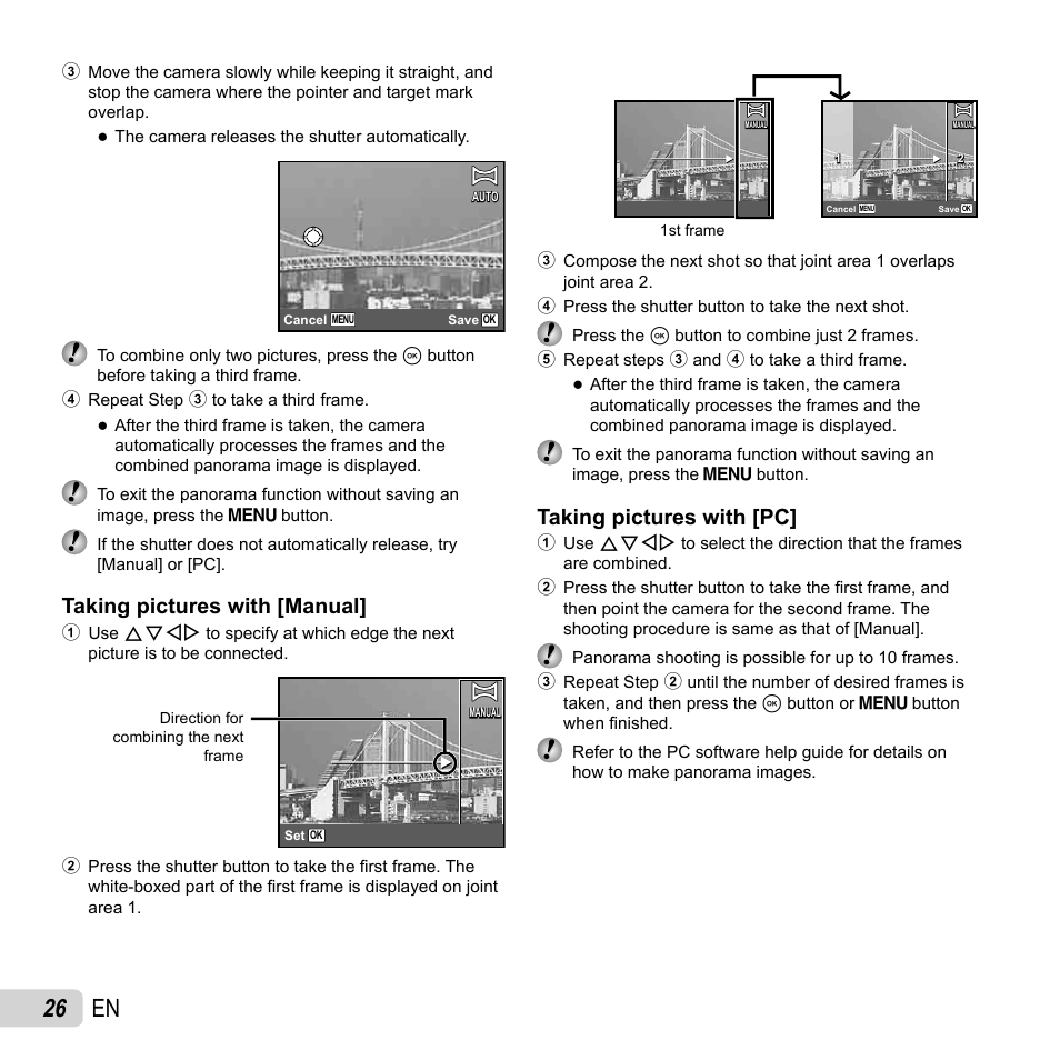 26 en, Taking pictures with [manual, Taking pictures with [pc | Olympus SP-620UZ User Manual | Page 26 / 76