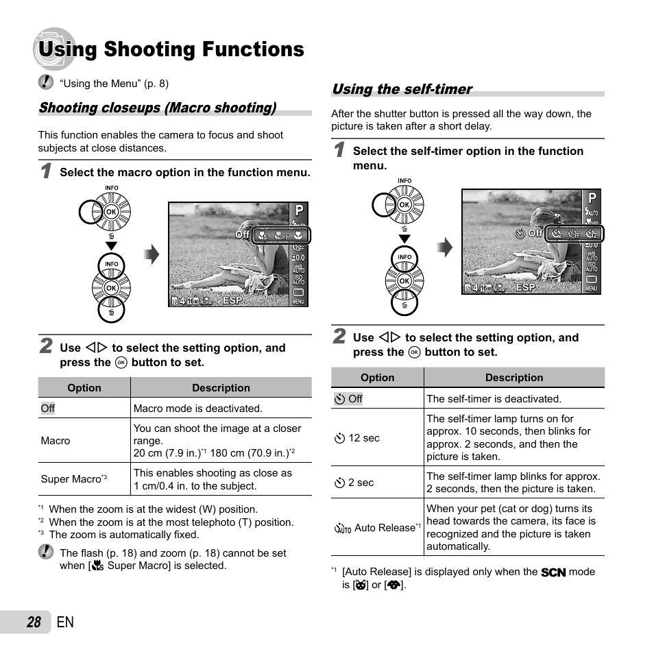 Using shooting functions, 28 en, Shooting closeups (macro shooting) | Using the self-timer | Olympus SP-620UZ User Manual | Page 28 / 76