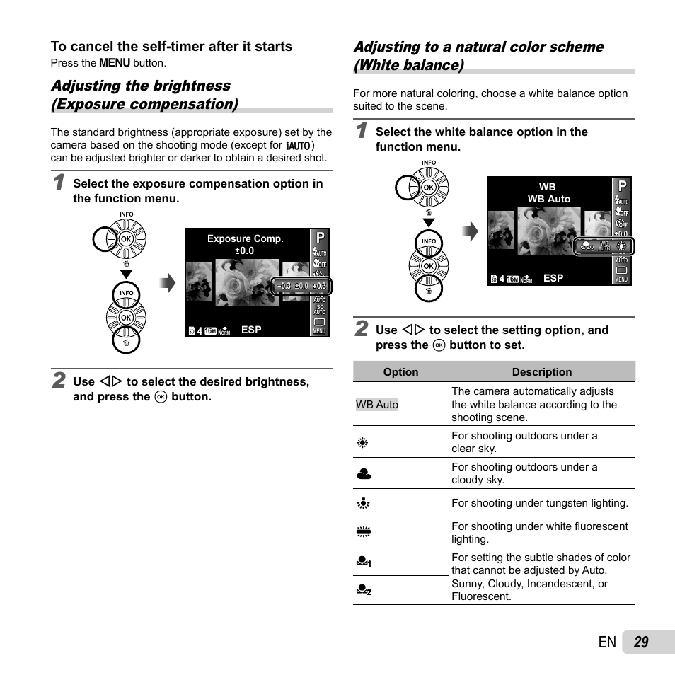 29 en, Adjusting the brightness (exposure compensation) | Olympus SP-620UZ User Manual | Page 29 / 76