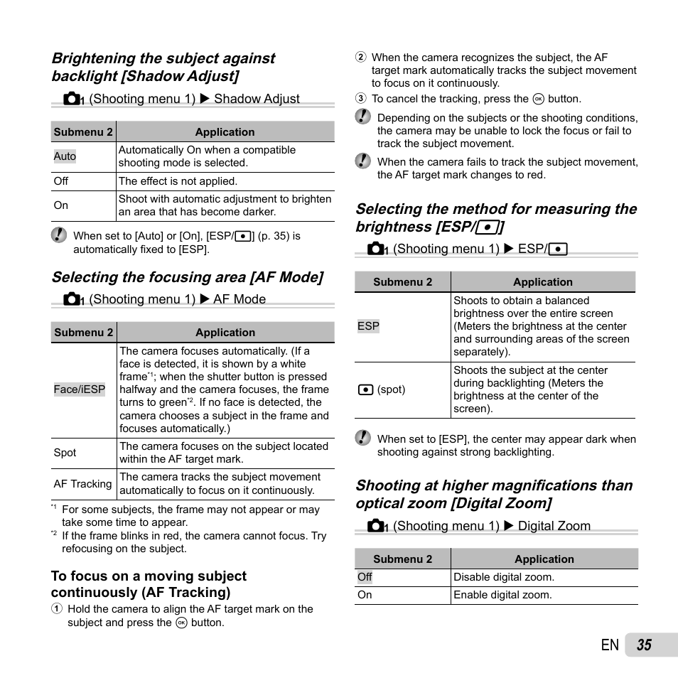 35 en, Selecting the focusing area [af mode | Olympus SP-620UZ User Manual | Page 35 / 76