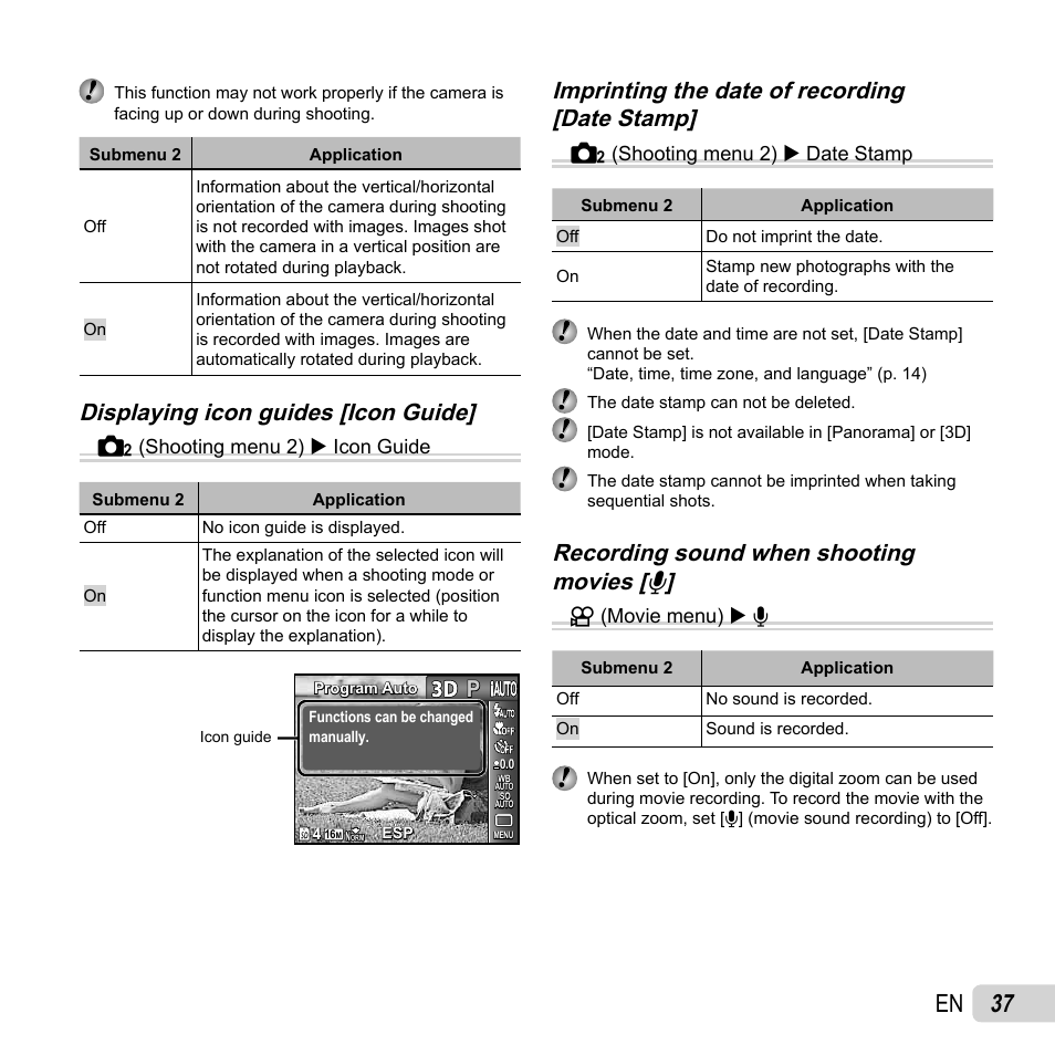 37 en, Displaying icon guides [icon guide | Olympus SP-620UZ User Manual | Page 37 / 76