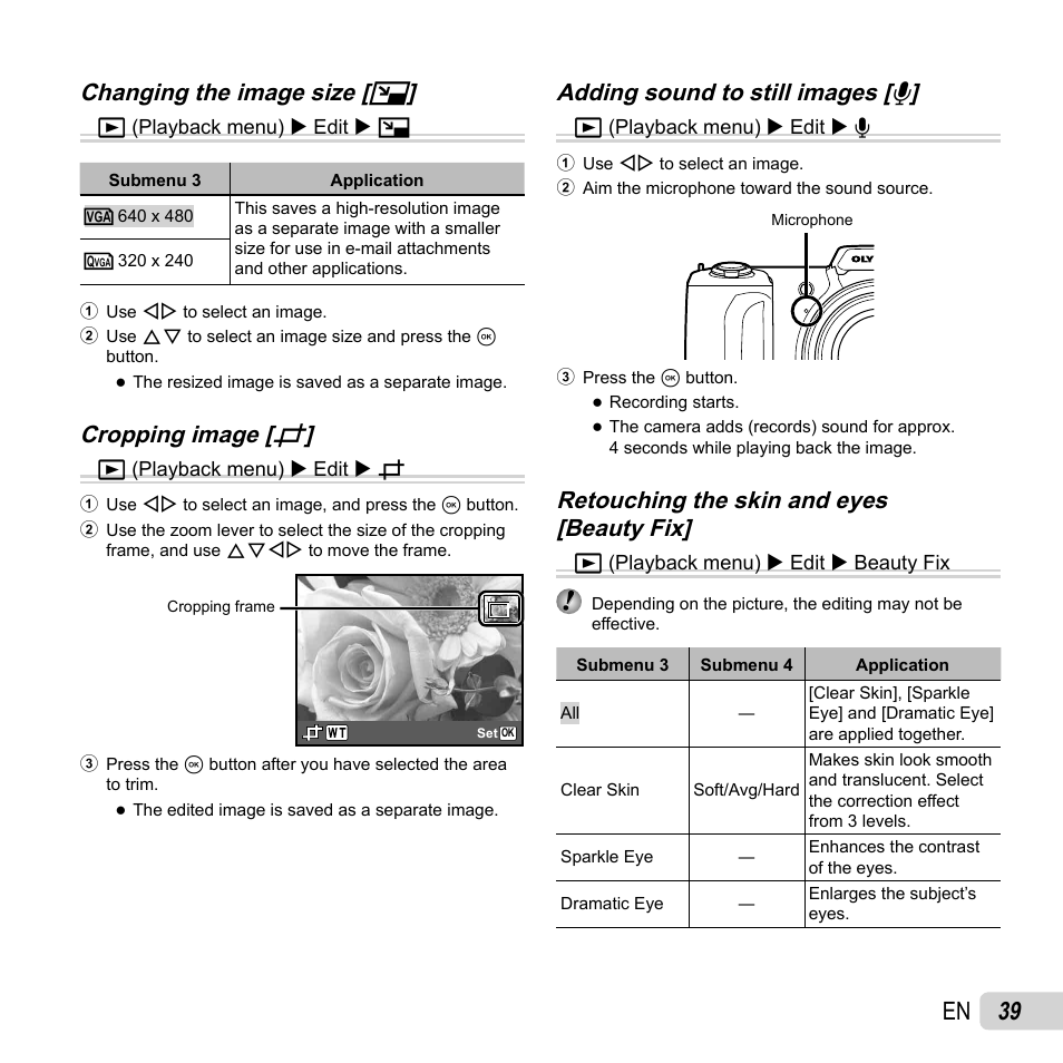 39 en, Changing the image size, Changing the image size [ q q | Cropping image, Cropping image [ p p | Olympus SP-620UZ User Manual | Page 39 / 76