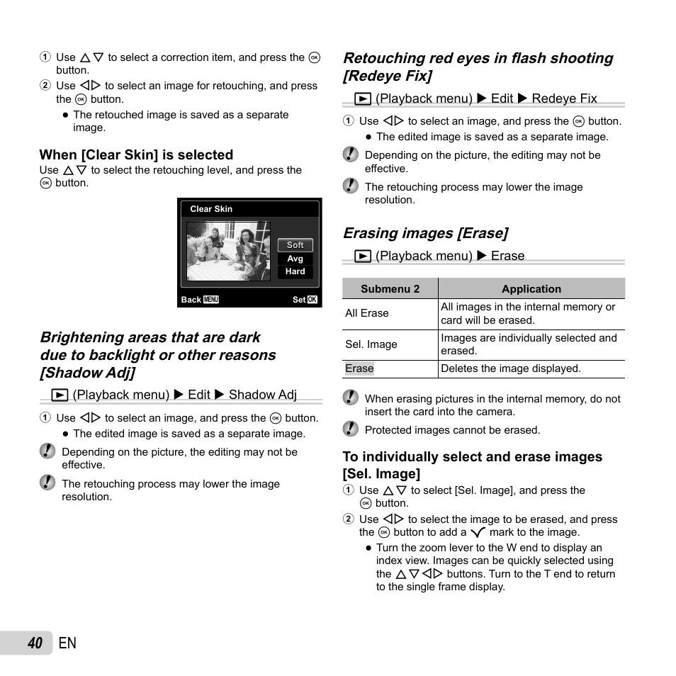 40 en, Erasing images [erase | Olympus SP-620UZ User Manual | Page 40 / 76