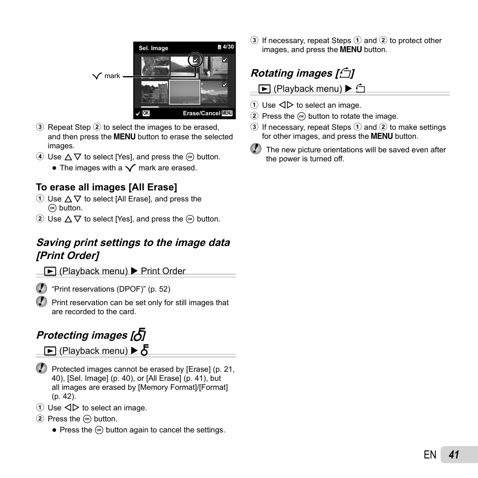 41 en, Protecting images [ protecting images [ r r, Rotating images [ rotating images [ y y | Olympus SP-620UZ User Manual | Page 41 / 76