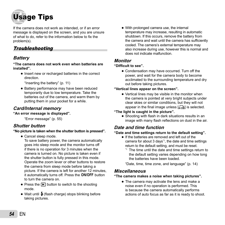 Usage tips, 54 en, Troubleshooting | Olympus SP-620UZ User Manual | Page 54 / 76