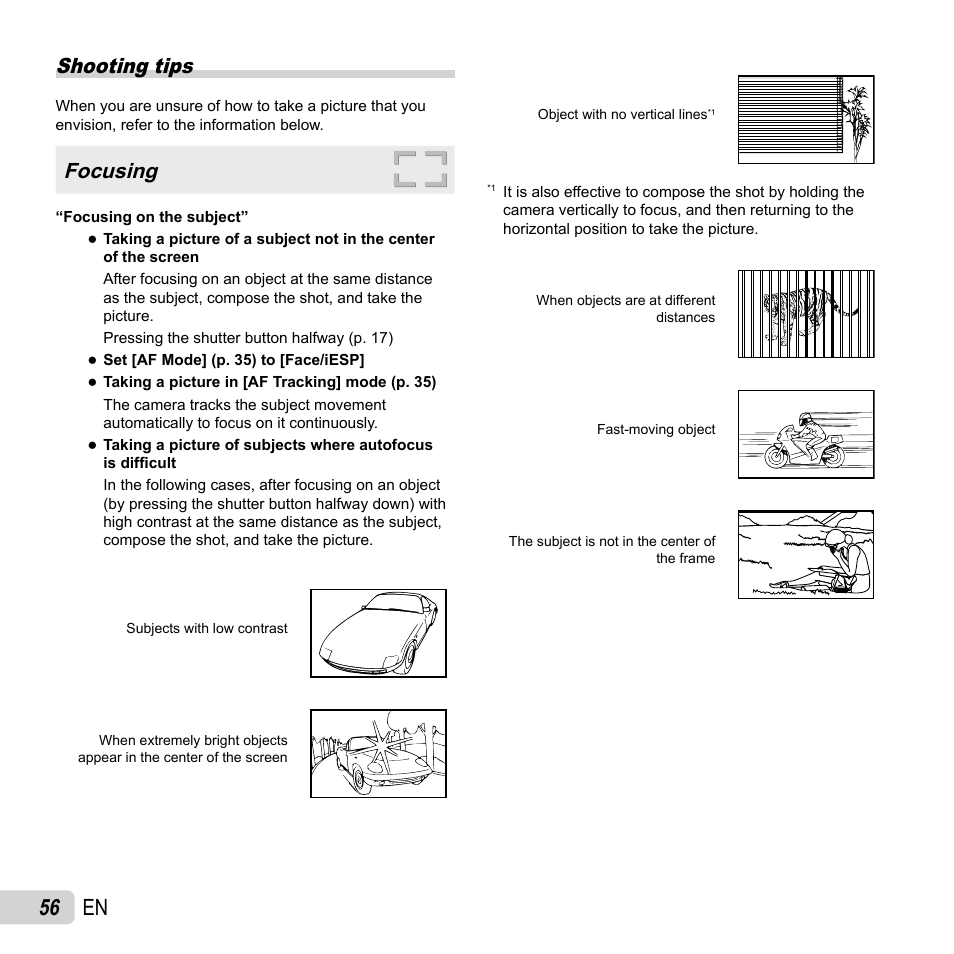 56 en, Shooting tips, Focusing | Olympus SP-620UZ User Manual | Page 56 / 76