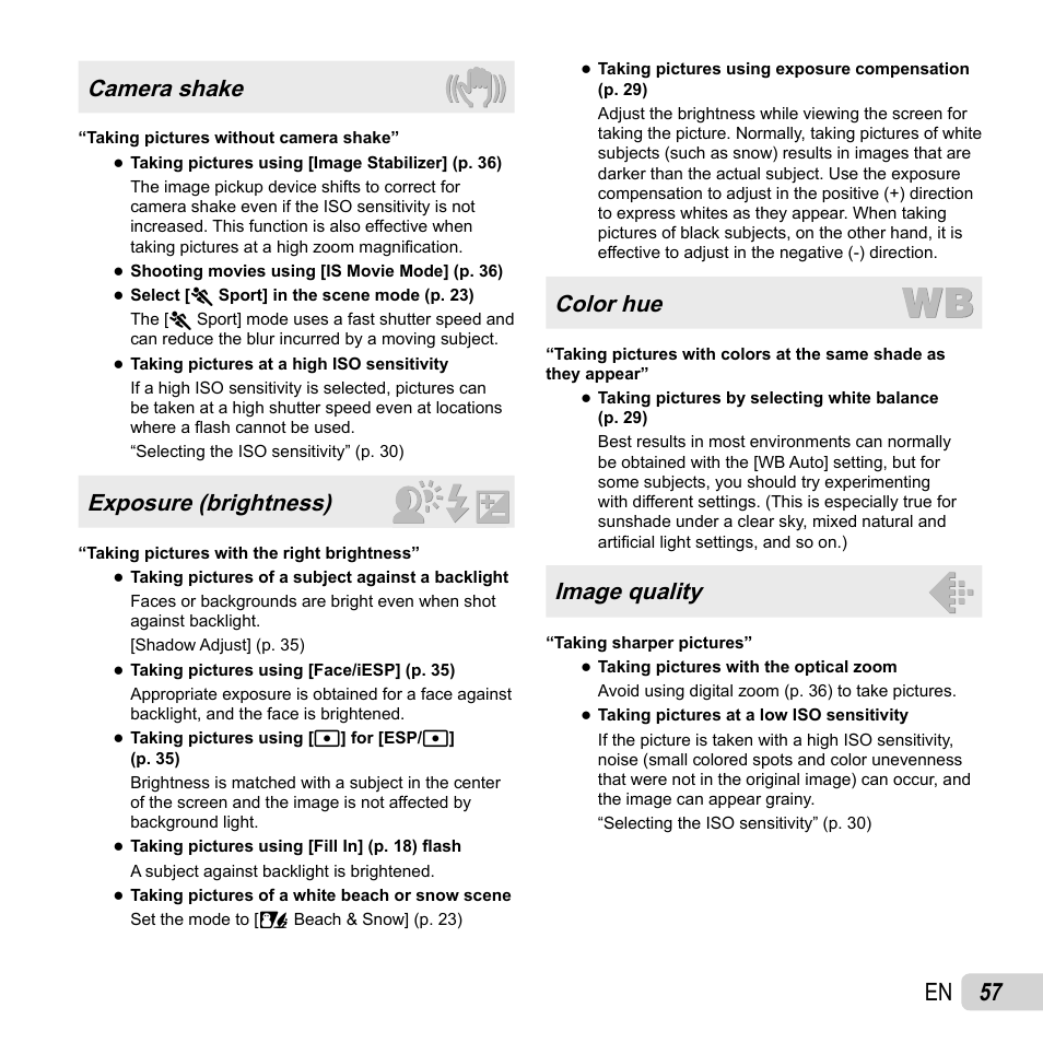 57 en, Camera shake, Exposure (brightness) | Color hue, Image quality | Olympus SP-620UZ User Manual | Page 57 / 76