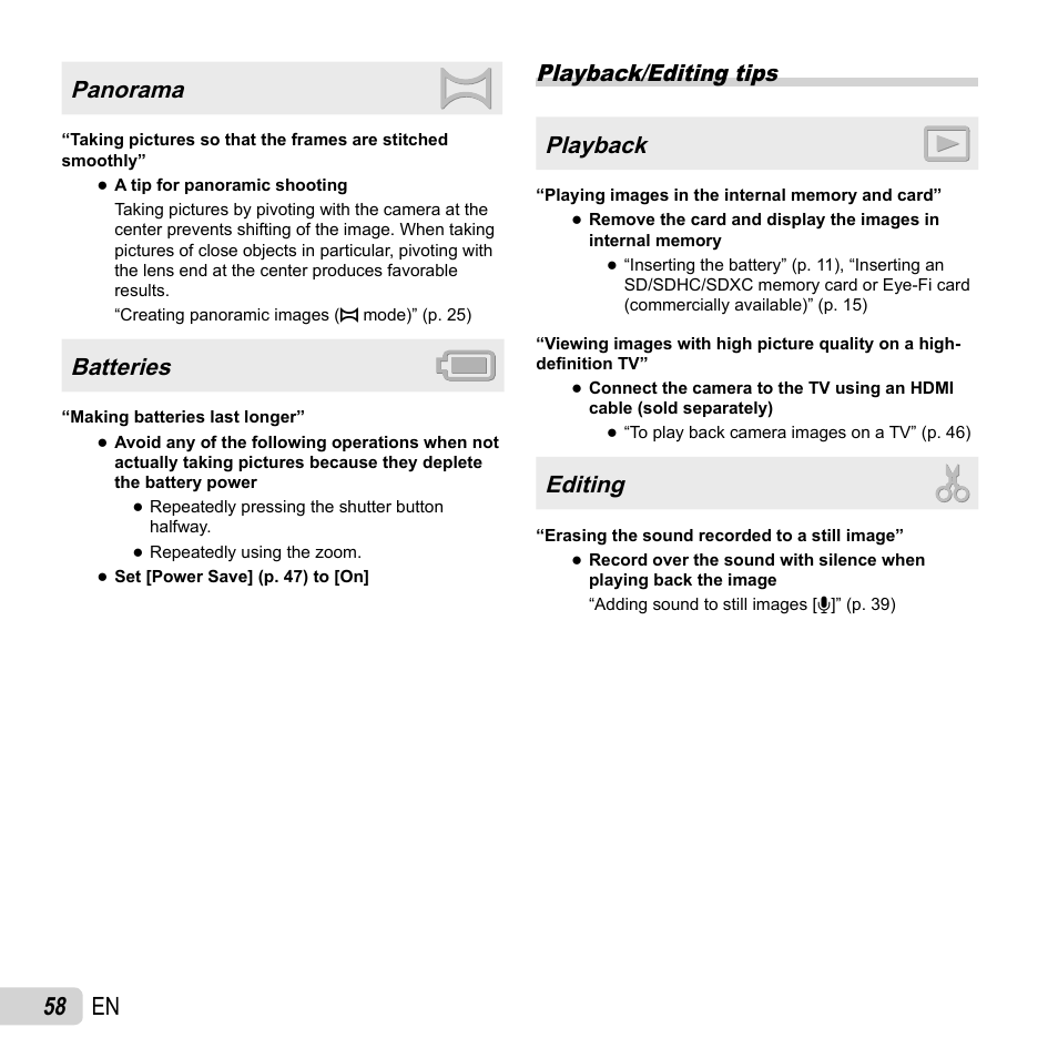 58 en, Panorama, Batteries | Playback/editing tips playback, Editing | Olympus SP-620UZ User Manual | Page 58 / 76