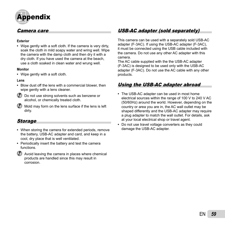 Appendix, 59 en, Camera care | Storage, Usb-ac adapter (sold separately), Using the usb-ac adapter abroad | Olympus SP-620UZ User Manual | Page 59 / 76