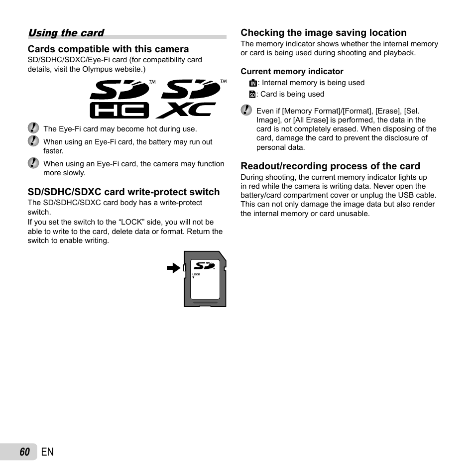 60 en, Using the card | Olympus SP-620UZ User Manual | Page 60 / 76