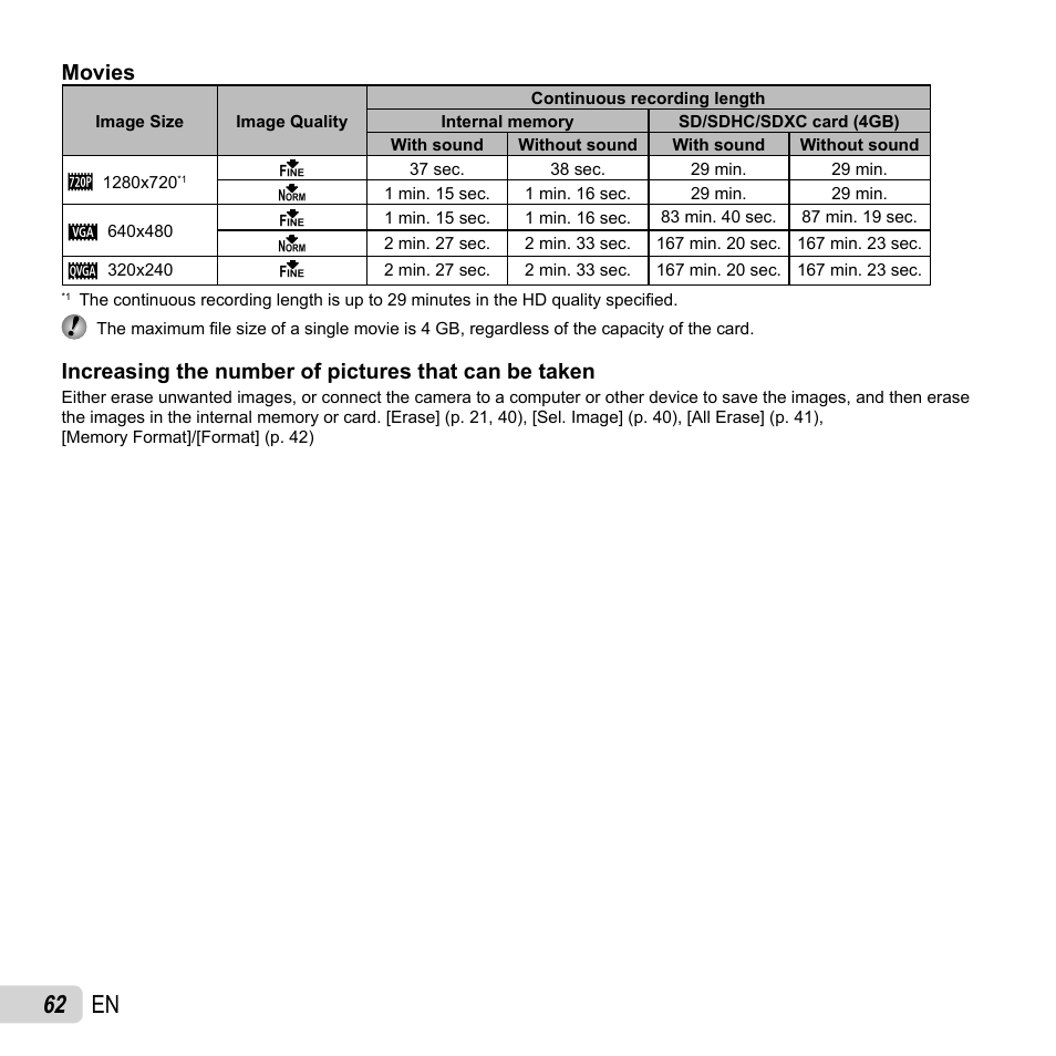 62 en, Movies | Olympus SP-620UZ User Manual | Page 62 / 76
