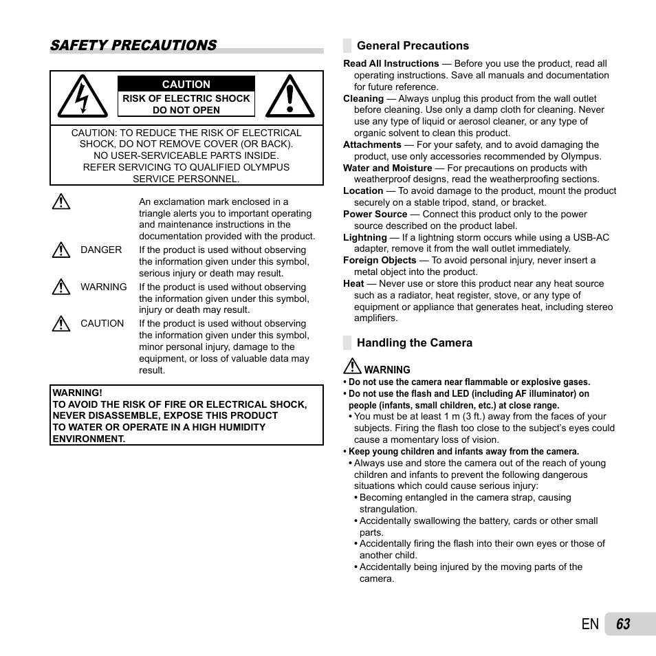 63 en, Safety precautions | Olympus SP-620UZ User Manual | Page 63 / 76
