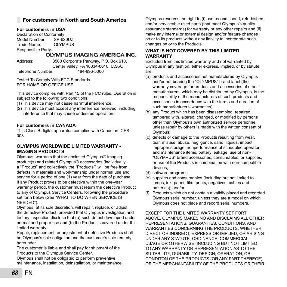 68 en | Olympus SP-620UZ User Manual | Page 68 / 76