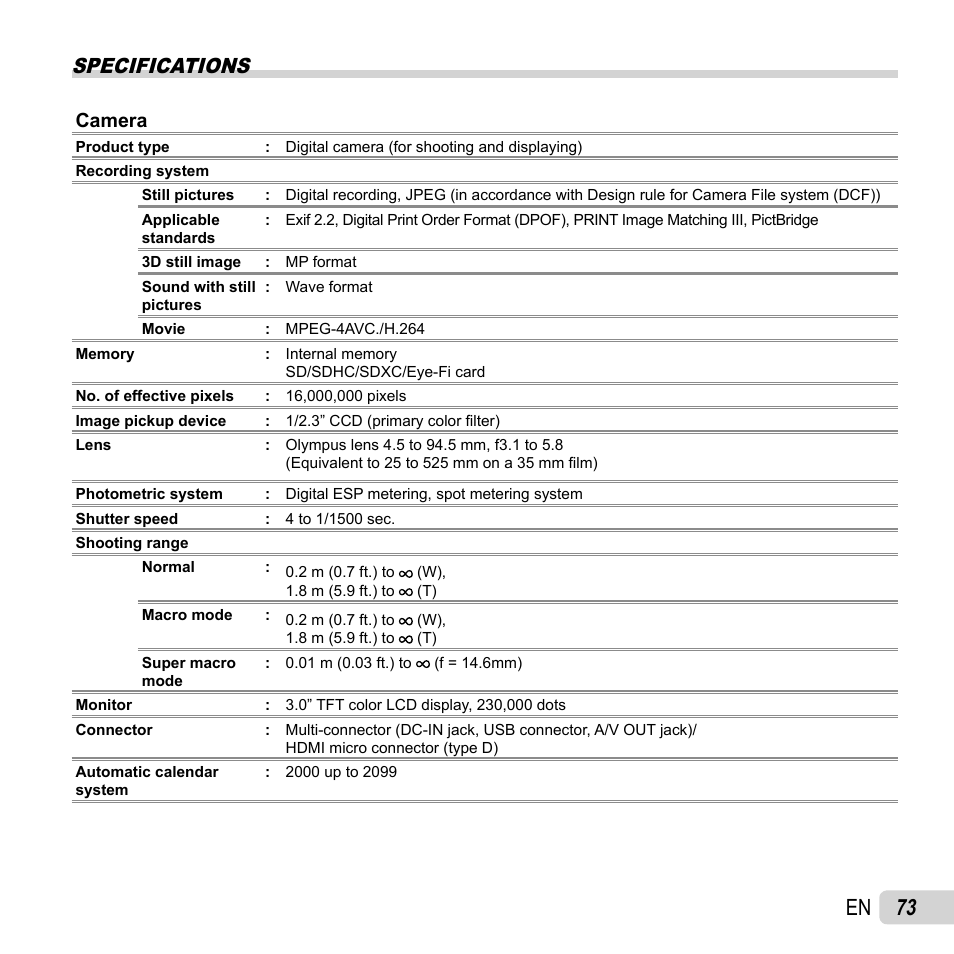 73 en, Specifications | Olympus SP-620UZ User Manual | Page 73 / 76