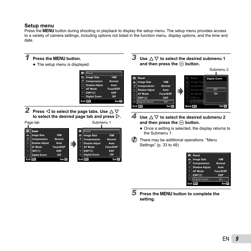 Setup menu, Press the m button, Press the m button to complete the setting | The setup menu is displayed, Page tab, Submenu 1, Submenu 2 | Olympus SP-620UZ User Manual | Page 9 / 76