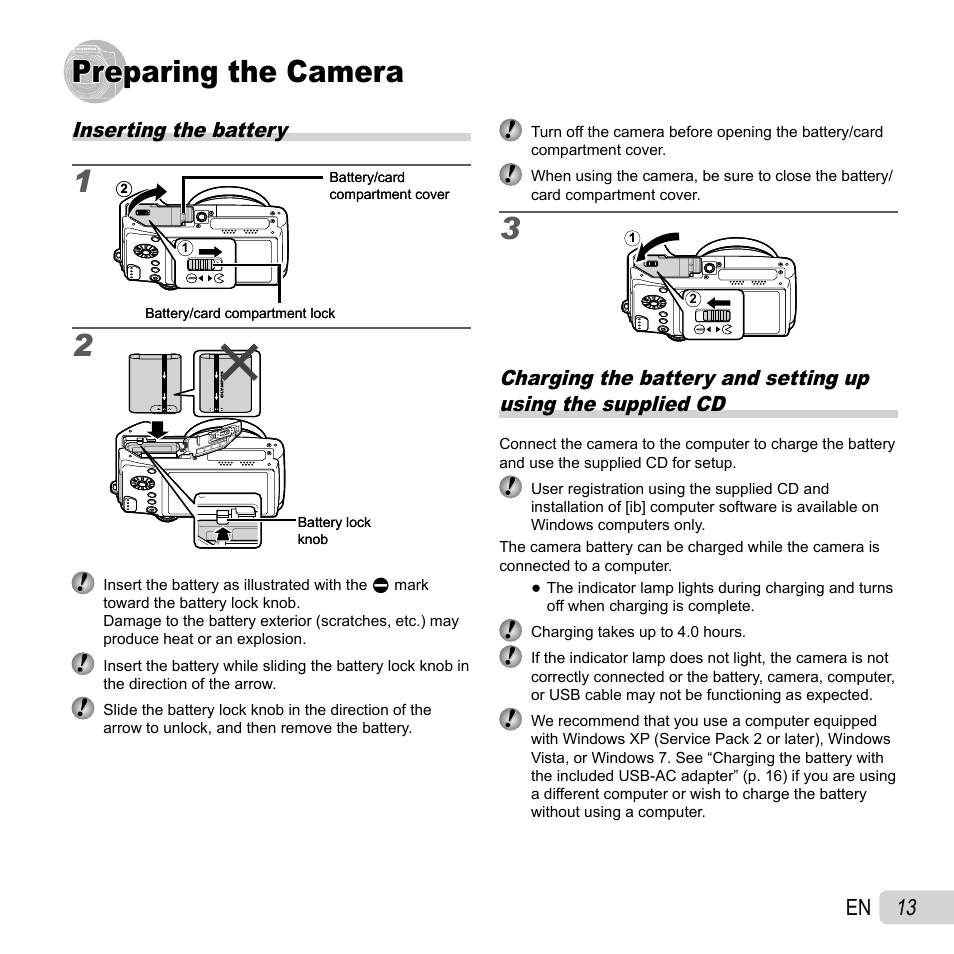 Preparing the camera, 13 en, Inserting the battery | Olympus SZ-30MR User Manual | Page 13 / 84