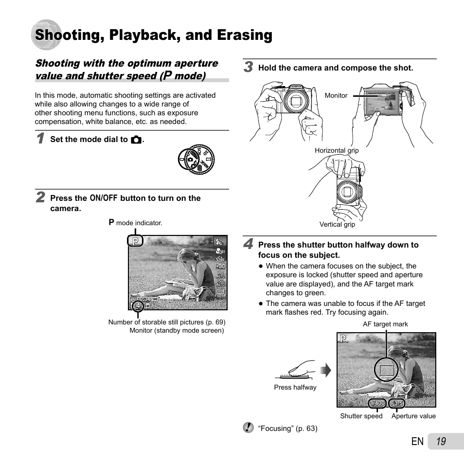 Shooting, playback, and erasing, Shooting, playback, and erasing 3, 19 en | Olympus SZ-30MR User Manual | Page 19 / 84