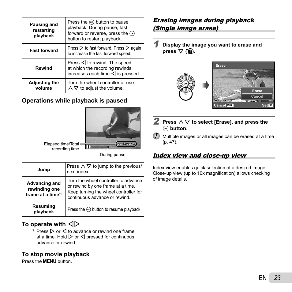 23 en, Index view and close-up view, Operations while playback is paused | Olympus SZ-30MR User Manual | Page 23 / 84