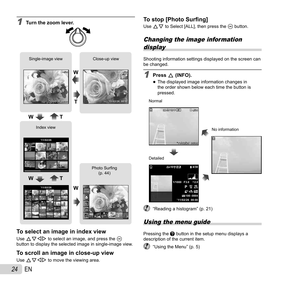 24 en, Changing the image information display, Using the menu guide | Wt w t, Press f (info), Turn the zoom lever | Olympus SZ-30MR User Manual | Page 24 / 84