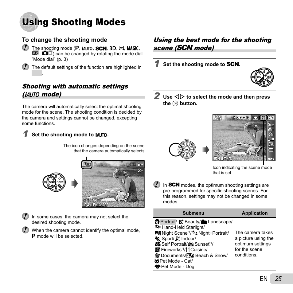 Using shooting modes, 25 en, Shooting with automatic settings ( m mode) | Olympus SZ-30MR User Manual | Page 25 / 84