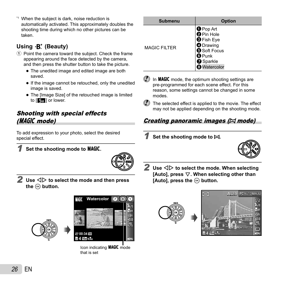 26 en, Creating panoramic images ( p mode), Shooting with special effects ( p mode) | Using using v v (beauty) (beauty) | Olympus SZ-30MR User Manual | Page 26 / 84