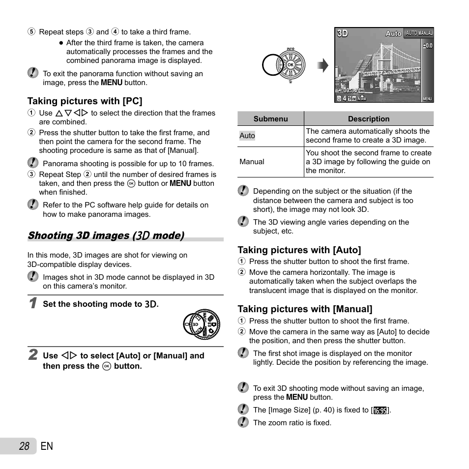 28 en, Shooting 3d images ( w mode), Taking pictures with [pc | Taking pictures with [auto, Taking pictures with [manual | Olympus SZ-30MR User Manual | Page 28 / 84