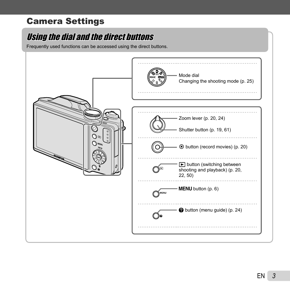 Using the dial and the direct buttons, Camera settings | Olympus SZ-30MR User Manual | Page 3 / 84