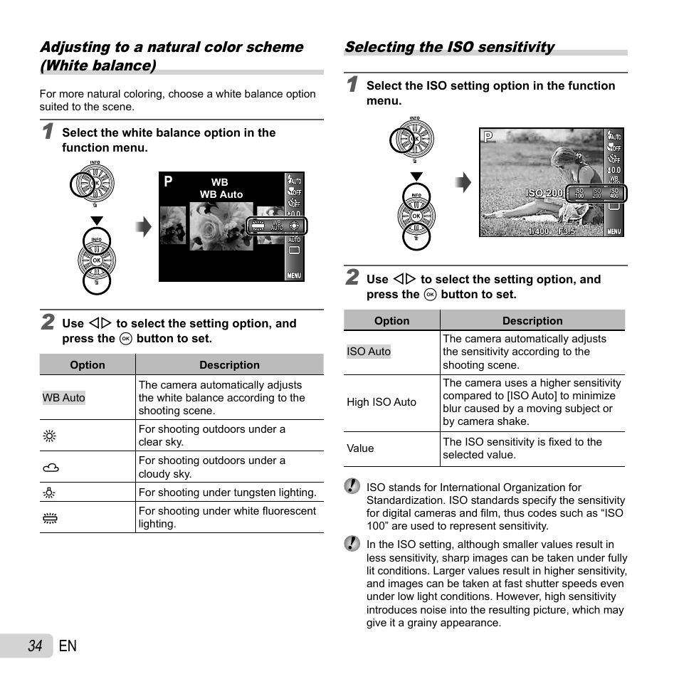 34 en, Selecting the iso sensitivity | Olympus SZ-30MR User Manual | Page 34 / 84