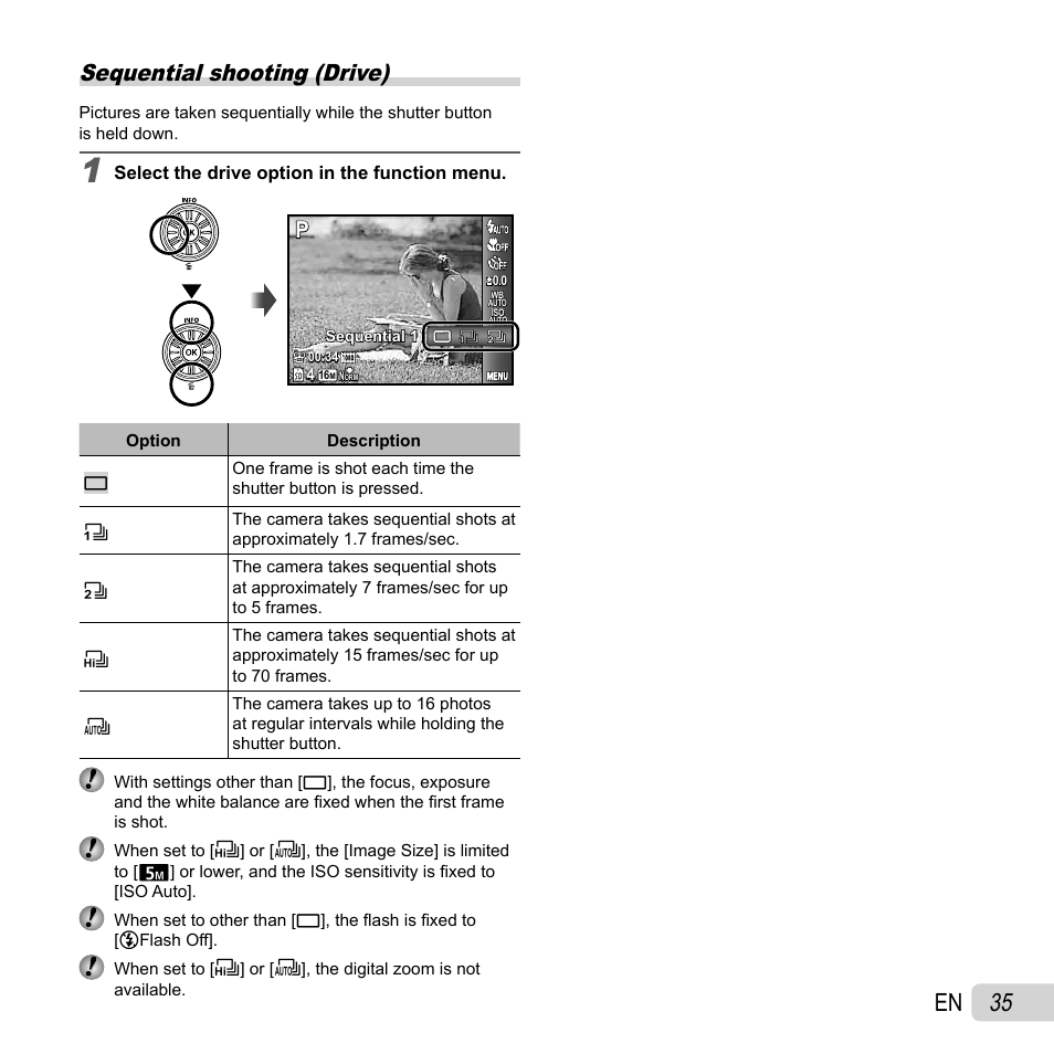 35 en, Sequential shooting (drive) | Olympus SZ-30MR User Manual | Page 35 / 84