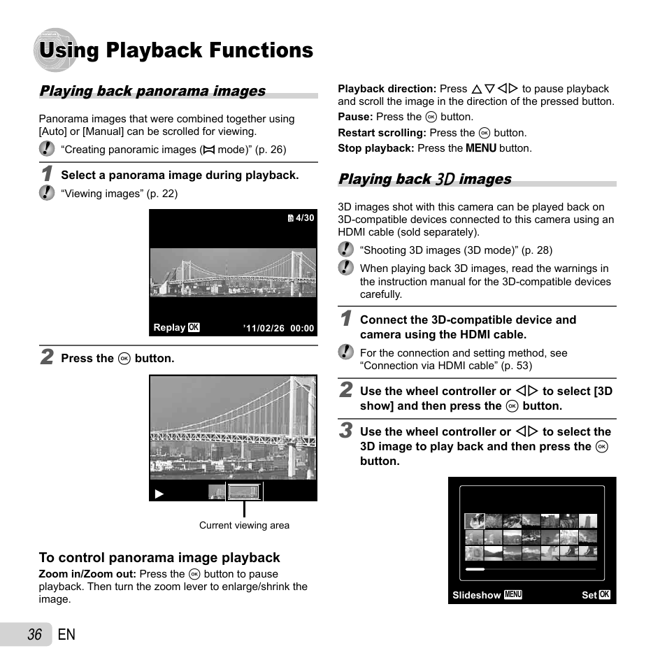 Using playback functions, 36 en, Playing back panorama images | Playing back w images | Olympus SZ-30MR User Manual | Page 36 / 84