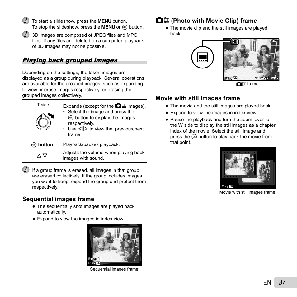 37 en, Playing back grouped images, Sequential images frame | Movie with still images frame | Olympus SZ-30MR User Manual | Page 37 / 84