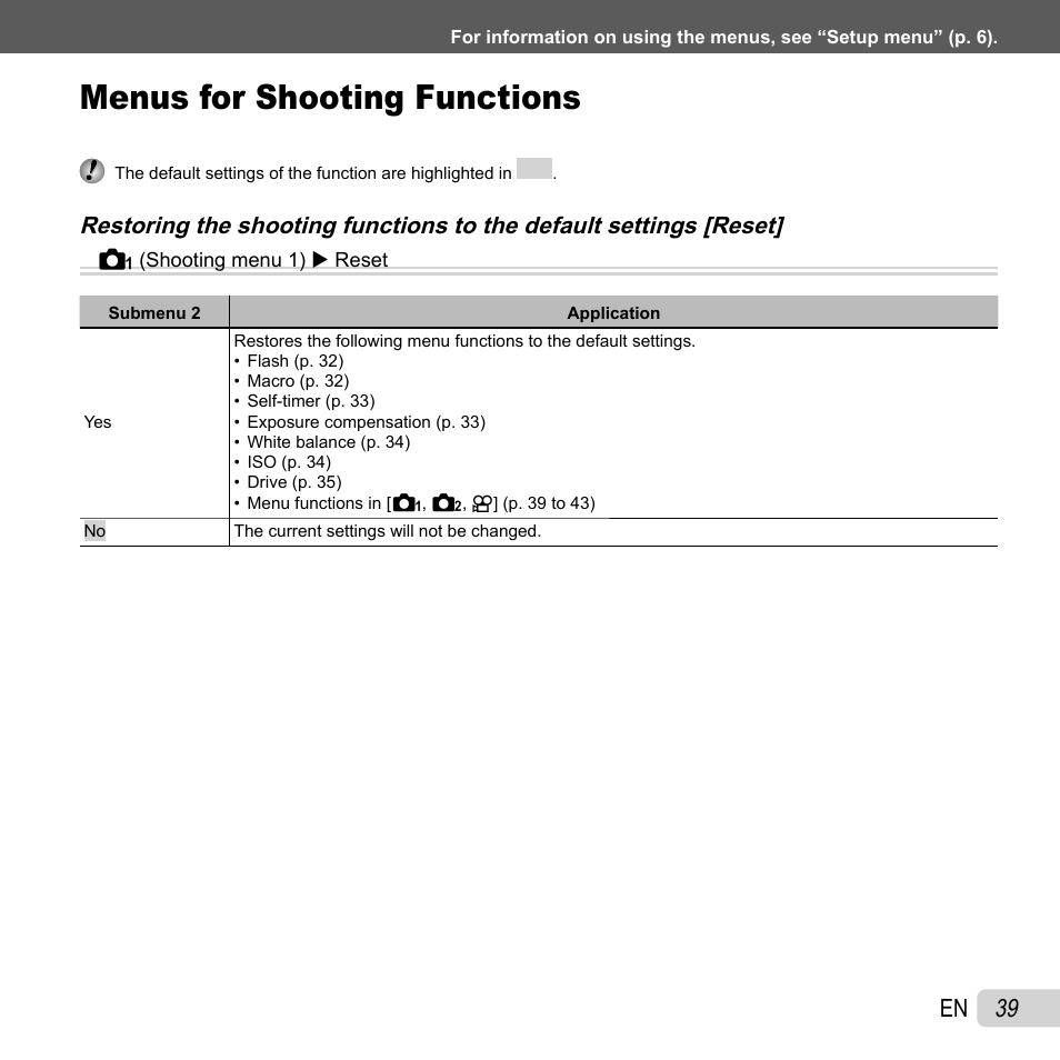 Menus for shooting functions, 39 en | Olympus SZ-30MR User Manual | Page 39 / 84