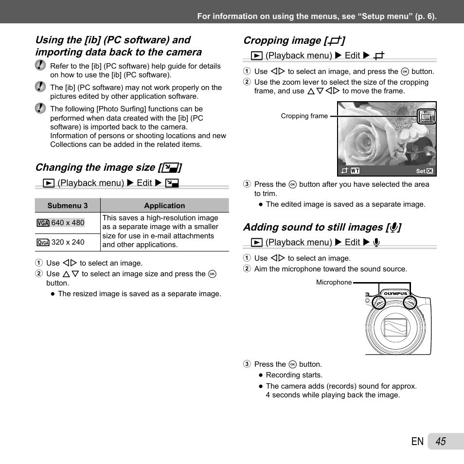 45 en, Changing the image size, Changing the image size [ q q | Cropping image, Cropping image [ p p | Olympus SZ-30MR User Manual | Page 45 / 84