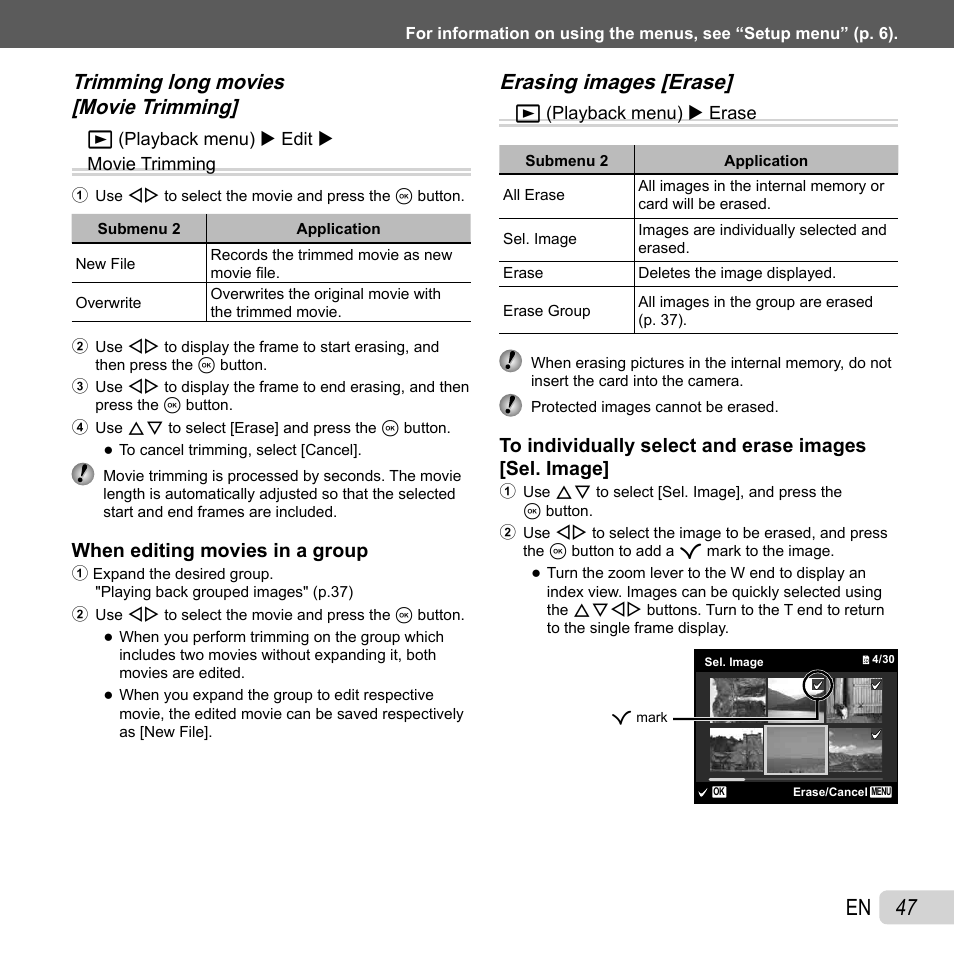 47 en, Erasing images [erase | Olympus SZ-30MR User Manual | Page 47 / 84