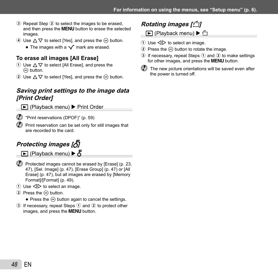 48 en, Protecting images [ protecting images [ r r, Rotating images [ rotating images [ y y | Olympus SZ-30MR User Manual | Page 48 / 84