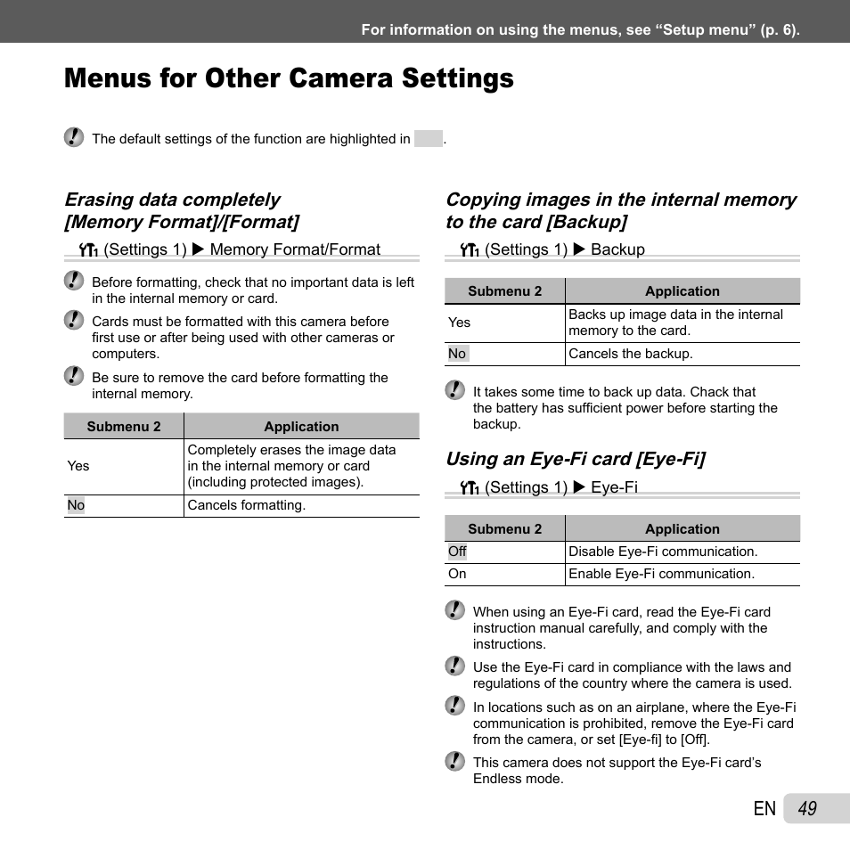 Menus for other camera settings, 49 en, Using an eye-fi card [eye-fi | Olympus SZ-30MR User Manual | Page 49 / 84