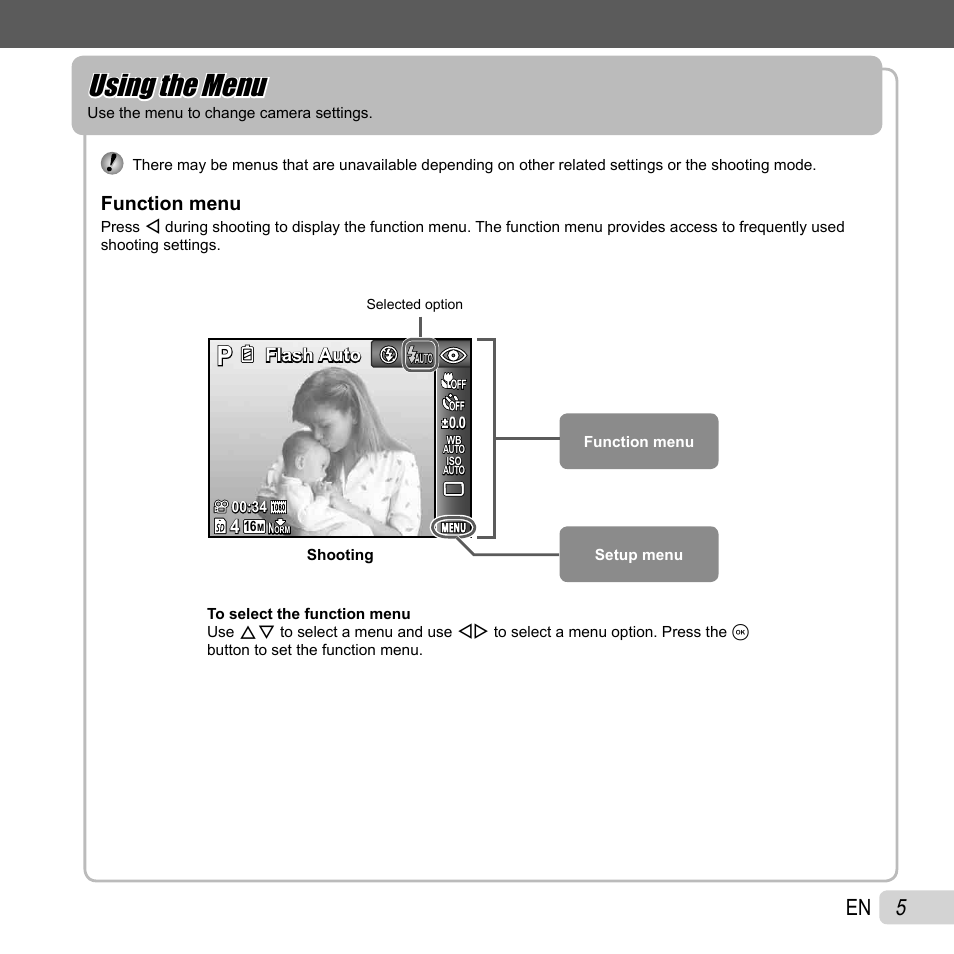 Using the menu | Olympus SZ-30MR User Manual | Page 5 / 84