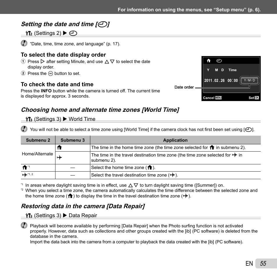 55 en, Setting the date and time, Setting the date and time [ x x | Choosing home and alternate time zones [world time, Restoring data in the camera [data repair | Olympus SZ-30MR User Manual | Page 55 / 84