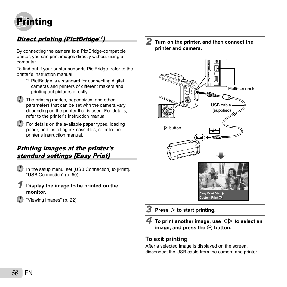 Printing, 56 en, Direct printing (pictbridge | Olympus SZ-30MR User Manual | Page 56 / 84